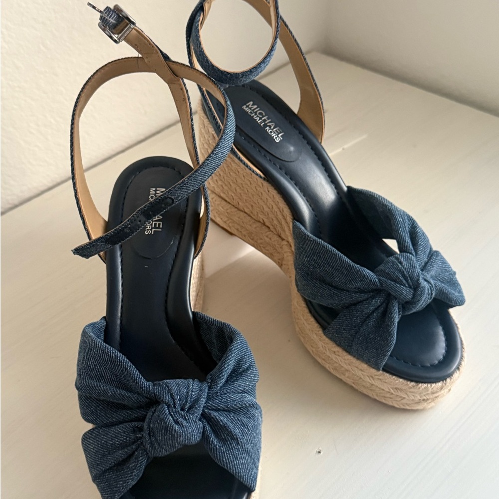 Michael Kors Navy Denim Knot Espadrille Wedge Sandals